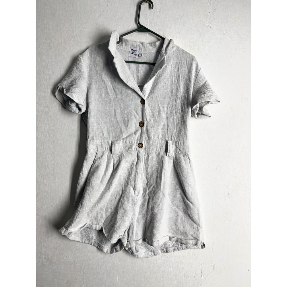 Princess Polly Grey Linen Blend Button Front Short Sleeve Romper Size US 6